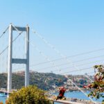 anmol Adventurer zip lining over Istanbul's Bosphorus Strait with skyline view.